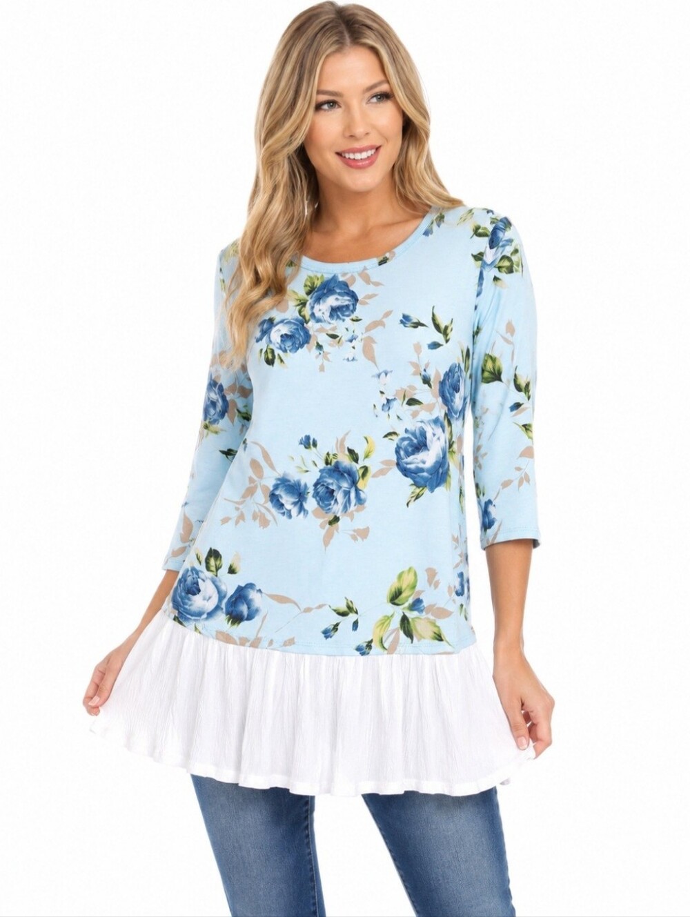 Jodifl Blue Floral Ruffle Hem Tunic Top Size Small Boutique Boho Cottagecore